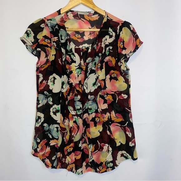 Halogen Floral Sheer Ruffle Front Top Size Small - Picture 2 of 10
